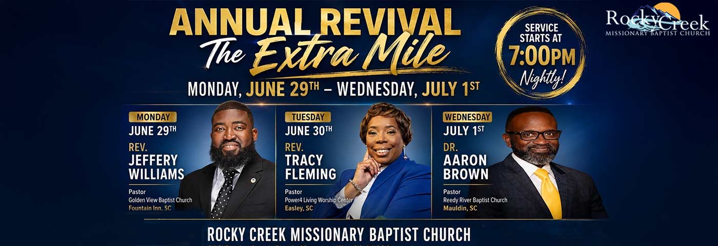 annual revival banner with pictures of speakers