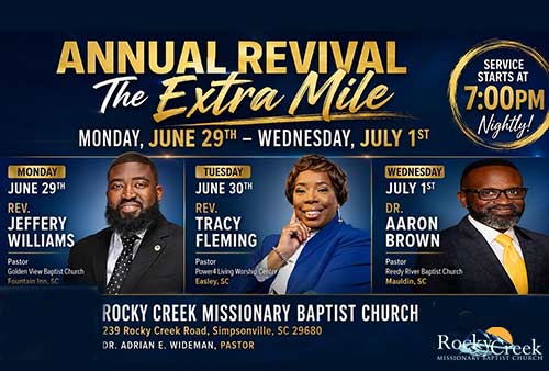 annual revival banner with pictures of speakers