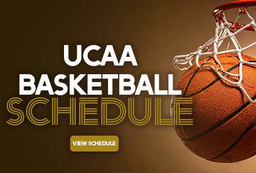 an image of a basketball going through the net on a brown background with the words UCAA Basketball Schedule
